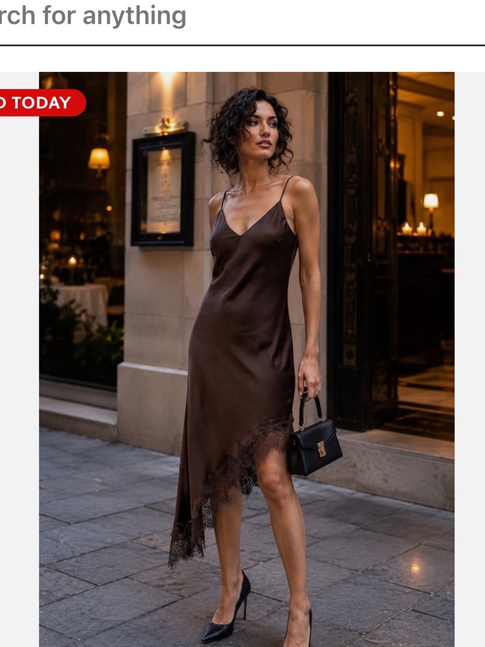 Zara Chocolate Brown Satin Slip Dress with Lace Hem